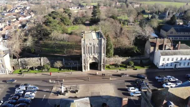 Drone Beelden Van Abdij Poort Een Koude Winters Dag Bury — Stockvideo