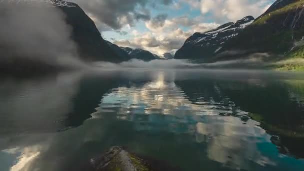 Mystical Fog Glides Fabulous Lake Lovatnet Norway Timelapse Done Early — Stock Video