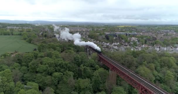 Aerial Shot Flying Scotsman Steam Train Leaving Dalmeny Train Station — Stock Video