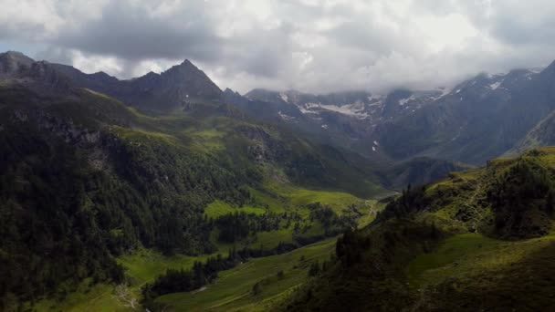 Dron Záběry Rakouských Alp Oblačného Letního Dne Svěží Zelené Lesy — Stock video