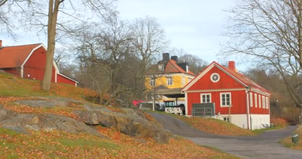 Κόκκινο Ξύλινο Σπίτι Και Ανεμόμυλος Στη Σουηδική Ύπαιθρο — Αρχείο Βίντεο