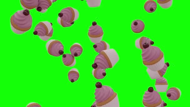 Ciasto Cup Muffin Falling Zielonym Ekranie Alpha Matte — Wideo stockowe