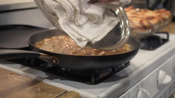 Lifting Lid Iron Skillet Filled Potatoes Herbs Boiling Steaming Slow — Stock Video