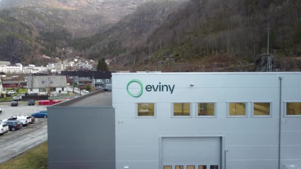Eviny Company Logo Building Dalekvam Norway Renewable Hydroelectric Energy Company — Stock Video