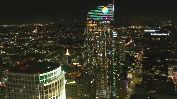 Night Time Aerial Orbital Shot Intercontinental Hotel Downtown Los Angeles — Stock Video