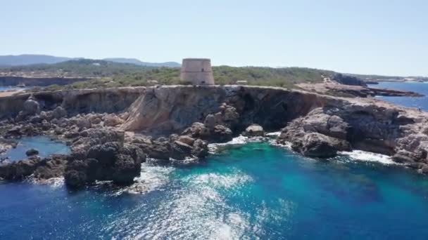 Vista Aérea Torre Vigia Pirata Ibiza Durante Pôr Sol Dolly — Vídeo de Stock