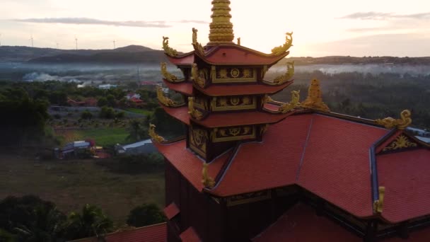 Temple Cha Thin Quang Early Morning Rising Mist Aerial Drone — Stock Video