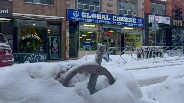 Snö Faller Framför Global Cheese Kensington Market Toronto — Stockvideo