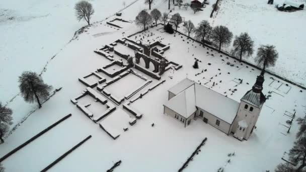 Aerial Shot Gudhem Abbey Church Ruins Historic Nunnery Sweden — стокове відео