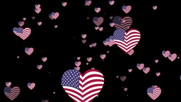 animovaná vlajka USA ve tvaru srdce na černém pozadí.
