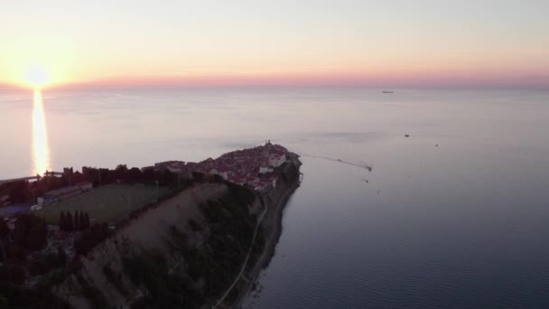 Západ Slunce Obzoru Středomořské Vesnici Piran Turistická Destinace — Stock video