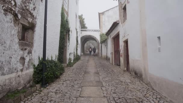 Dos Personas Caminan Por Callejón Ciudad Brumosa — Vídeos de Stock