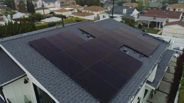Aerial Orbit Solar Panels Installed Los Angeles House Rooftop Cloudy — Stock Video