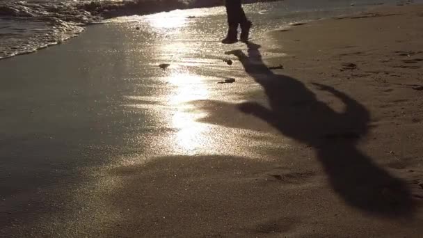 黄金の湿った砂のビーチを渡って走る屈託のない若い男の子のスローモーションの影日の出 — ストック動画