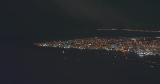 Flygfoto Över Stad Natten Med Ljusförorening Tromso Norge — Stockvideo