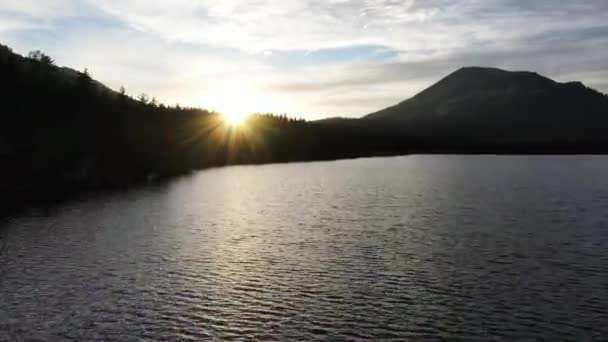 マンモス湖 Caのメアリー湖でのボート釣りの空中ビュー 夕暮れ時には松林に囲まれた湖の中の小さなボート — ストック動画