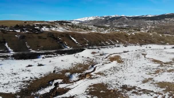 Aérea Valle Parcialmente Nevado Las Montañas Día Soleado Caballos Burros — Vídeos de Stock