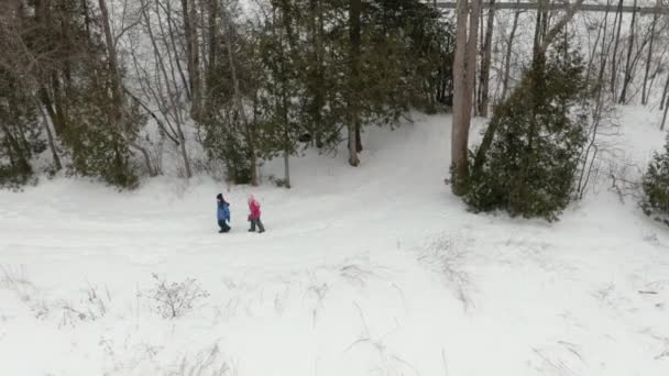 Aerial Spårning Två Små Barn Promenader Längs Snötäckt Spår Tillsammans — Stockvideo