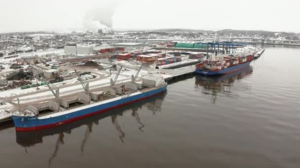 Vista Aérea Dos Grandes Cargueros Atracados Puerto Día Nevado Invierno — Vídeos de Stock