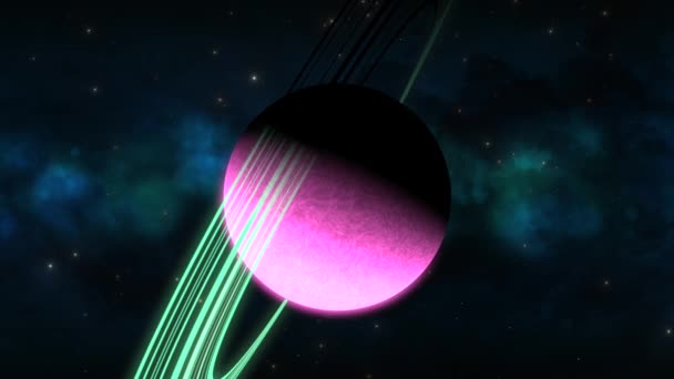 Cgi放大向粉红侧向土星状的外星行星 在蓝色绿色星云前面有绿色的环 广袤的视野 — 图库视频影像