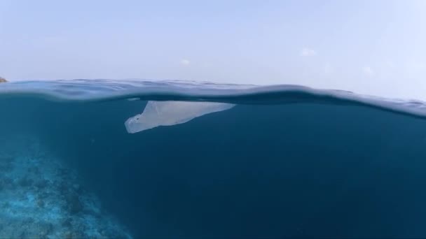 Plastik Putih Mengapung Permukaan Laut Dekat Pantai Maladewa Setengah Bawah — Stok Video