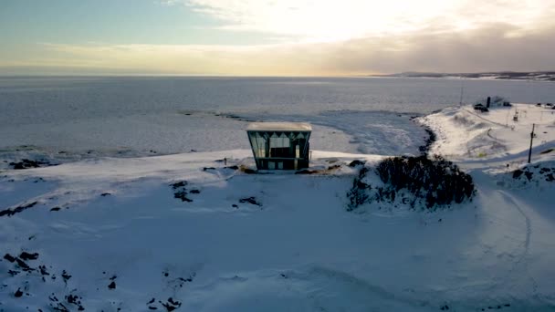 Aerial Hinode Cape Lookout Luna Winter Snow Cover Frozen Sea — Stock Video
