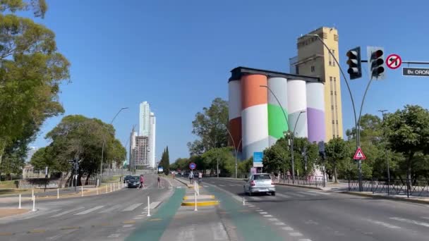 Silos Rosario Argentyna Ulicy Mijania Samochodów Kolorowy Park — Wideo stockowe