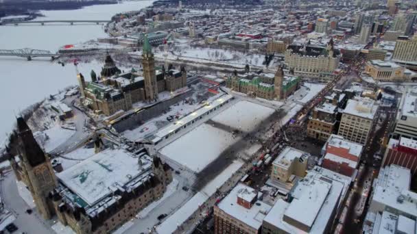 Drone Shot Freedom Trucker Rally Slater Street Ottawa January 2022 — Stock Video