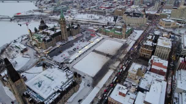 Drone Shot Freedom Trucker Rally Slater Streeten Ottawában Ontarióban 2022 — Stock videók