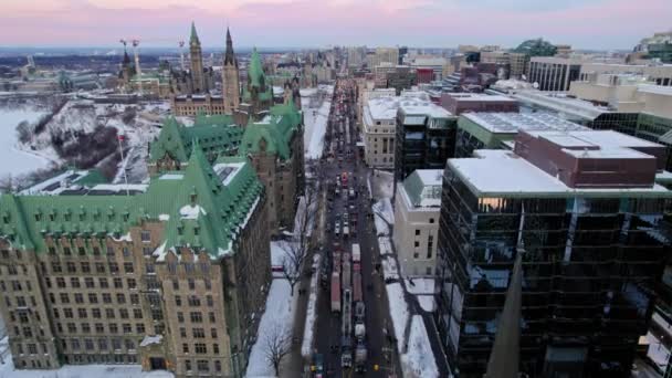 Drone Shot Freedom Trucker Rally Slater Street Ottawa Ontário Janeiro — Vídeo de Stock