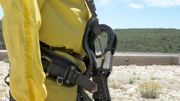 Harness Safety Cords Hazmat Suit Cleanup Site Close Move Shot — Stock Video
