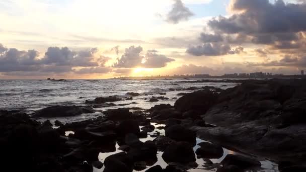 Güzel Deniz Dalgaları Gün Batımında Sahildeki Kayalara Çarpar Yakınlaşır — Stok video