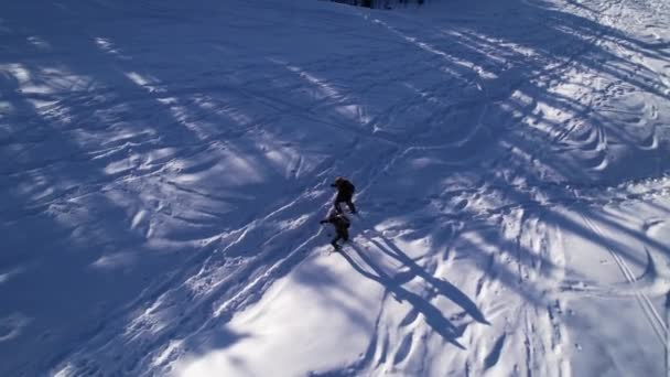 Gente Raquetas Nieve Invierno Dron Órbita Inclinación Hacia Arriba Directamente — Vídeos de Stock