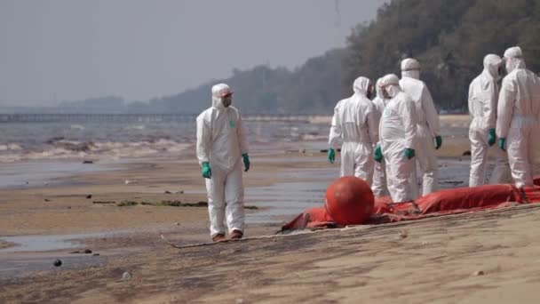 Oil Spill Clean Operations Beach Rayong Thailand Wide Shot — Stock Video