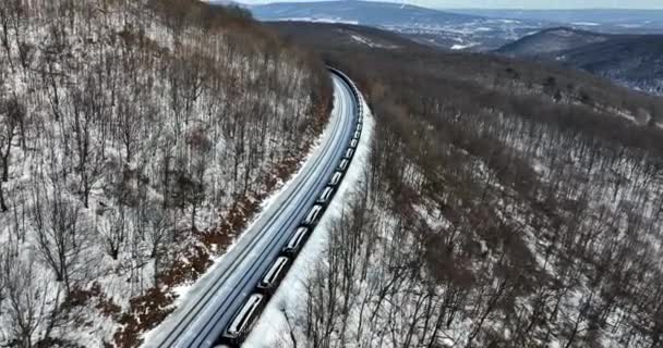 Trein Vervoert Kolen Uit Mijnen Door Schilderachtige Bergpas Vrachtvervoer Logistiek — Stockvideo