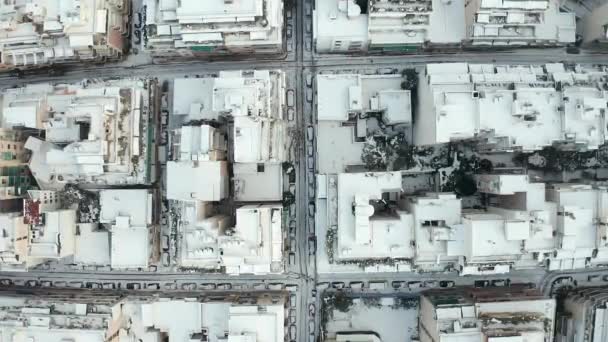 Κτίρια Δρόμων Στην Αθήνα Καλυμμένα Χιόνι Χειμερινή Περίοδος Topdown — Αρχείο Βίντεο