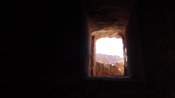 Zoom View Stone Window Cave Panoramic View Petra Rock Architectural — Stock Video