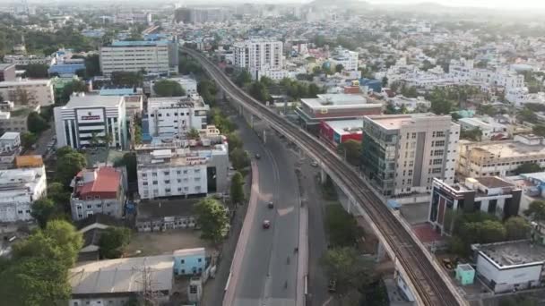 Aerial Footage Metro Railway Bridge Going Chennai City Cooum River — Stock Video