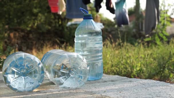 Water Plastic Bottles Size Liters Emergency Use Rural Location Bulgaria — Stock Video