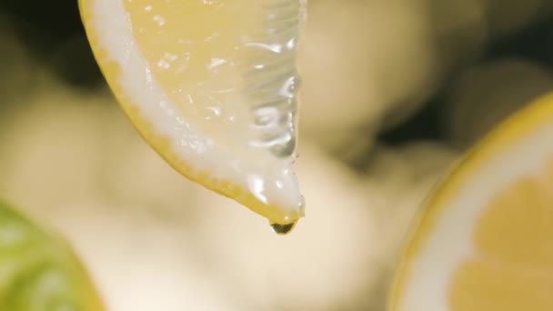 Extreme Makroaufnahme Tropfen Fallen Von Saftigen Zitronenscheiben Super Zeitlupe — Stockvideo