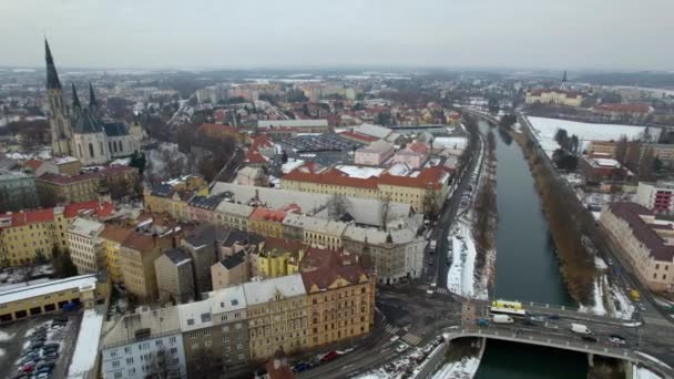 Panorama Aéreo Sobre Neve Cobriu Cidade Olomouc Região Morávia República — Vídeo de Stock