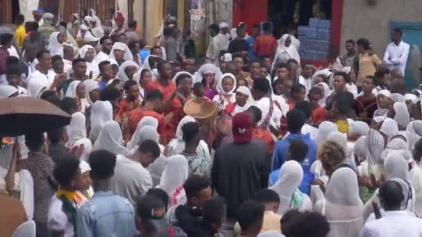 People Surrounding Church Boys While Playing Drum Jumping Exciting — Stock Video