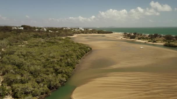 Aerial Trucking Shot Showing Sandy River Water Spots Pacific Ocean — Stock Video