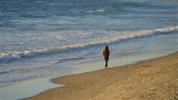 Single Woman Walking Beach California Slowed Half Speed — Stock Video