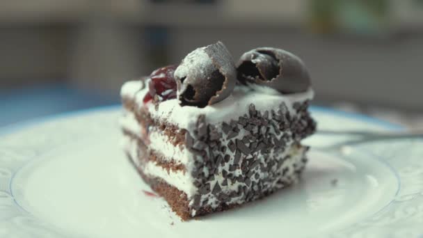 Ştah Açıcı Çikolata Kremalı Pasta Dilimleri Vişneli Tabakta Döner — Stok video