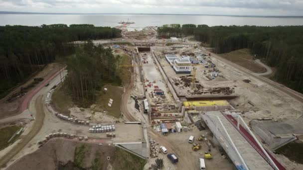 Letecký Záběr Přes Obrovské Staveniště Vistula Spit Kanálu Infrastrukturu Nového — Stock video