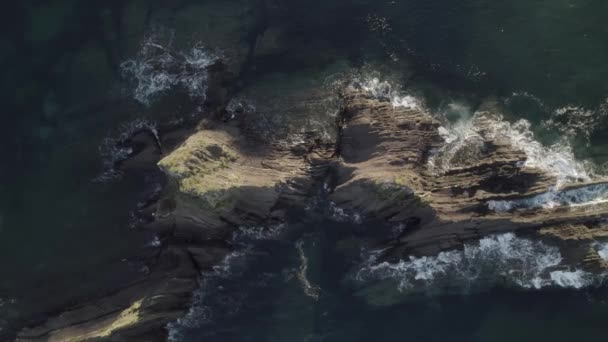 Luchtbeelden Een Rotsachtig Eiland Met Golven Die Erop Neerstorten — Stockvideo