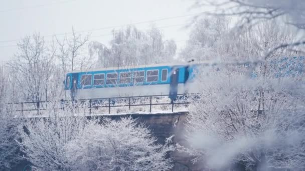 Pequeno Trem Local Duas Carruagens Passa Ponte Através Paisagem Nevada — Vídeo de Stock