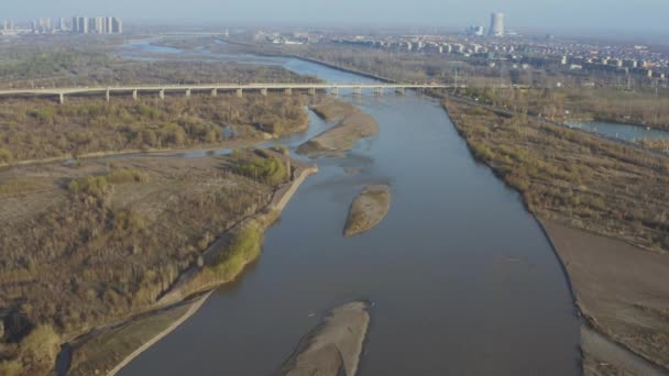 Bird Eye View Chinese Suburb Large Bridge River — Stock Video