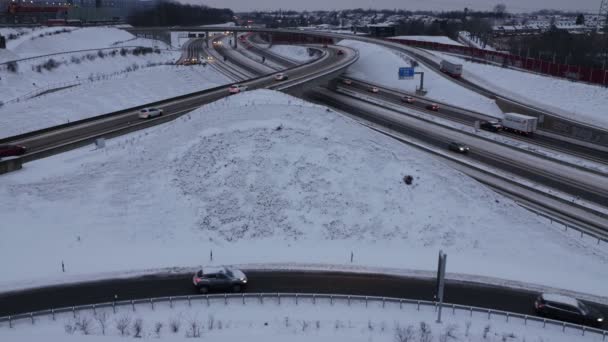 Snowy Autobahn Interchange A40 Bochum Wide Angle View Dusk — ストック動画
